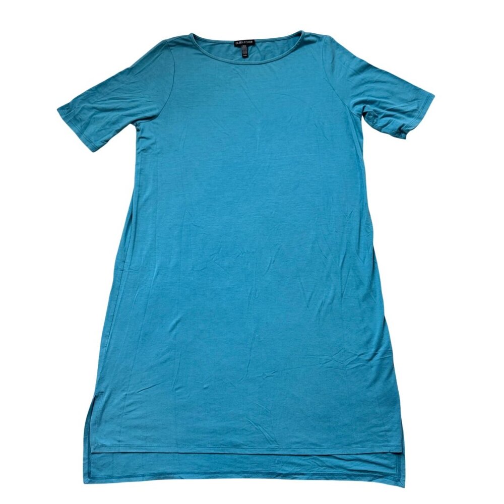 Eileen Fisher Blue Tencel Lyocell Stretch Jersey Knit Knee Length Dress M
